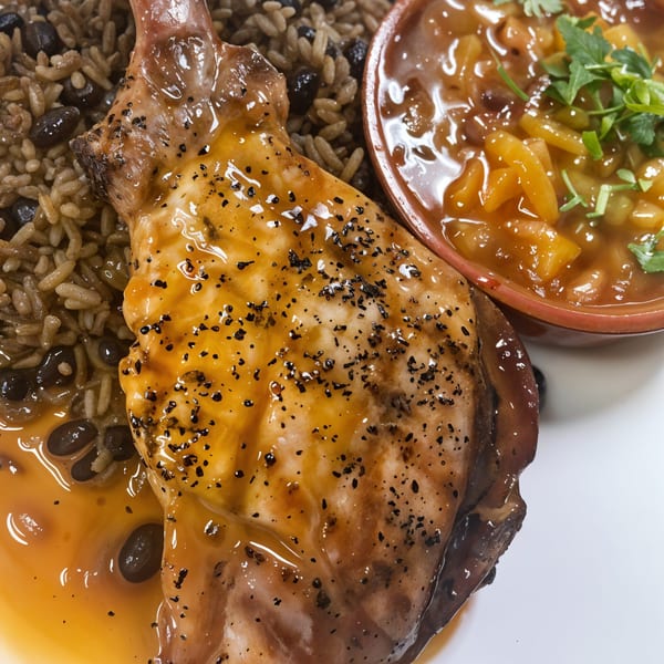 Glazed pork chop with black beans and rice, alongside a bowl of chunky salsa.