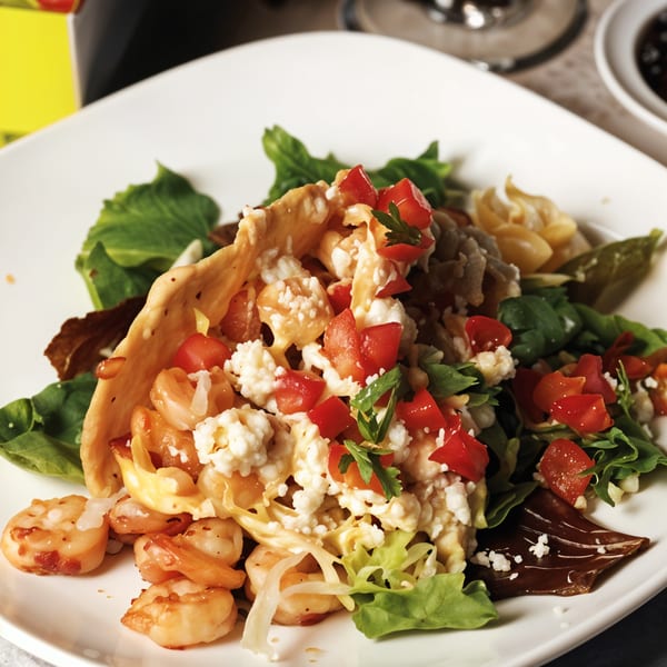 A Latin-American shrimp taco salad with crumbled cheese, diced tomatoes, and lettuce on a white plate.