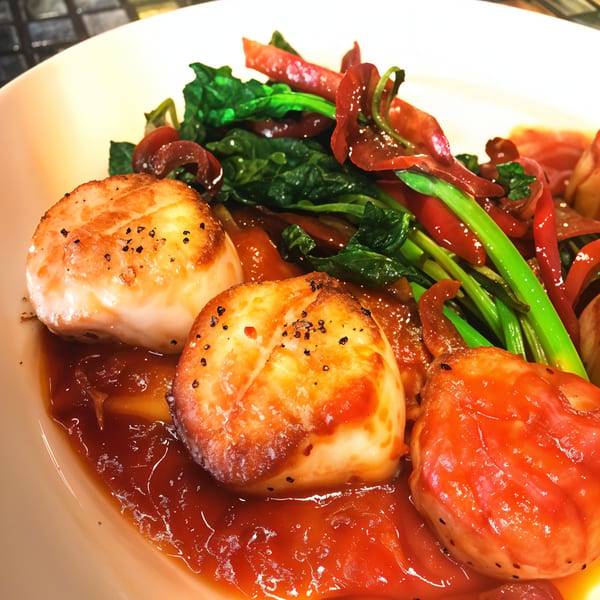 Pan-seared scallops with black pepper, served in a red sauce with green vegetables and red peppers.